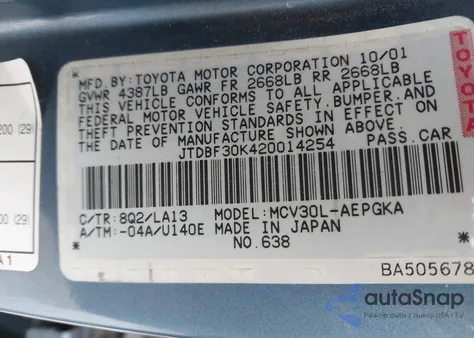 2002 Toyota Camry Xle V6 z USA, uszkodzony, nr VIN JTDBF30K420014254